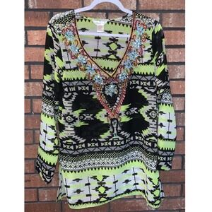 Lucky & Coco Neon Green Tribal Beaded V-Neck Tunic Top Sheer Long Sleeve Size L
